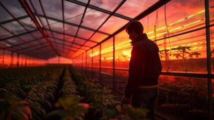 The sun sets on the horizon casting a warm orange glow into the solarpowered greenhouse as the scientist switches on the LED lights . AI generation.