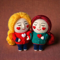 Two Woman Figures Made of Yarn With Yellow and Red Hair Heart Shapes on Cheeks