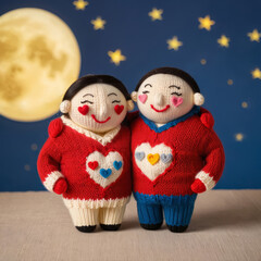 Man and Woman Figures Made of Yarn Wearing Red Sweaters with Heart Shapes