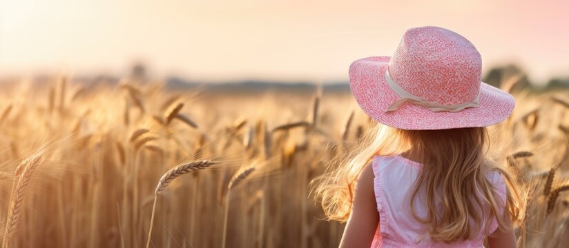 A happy little girl wearing a magenta hat is standing in a field of wheat, enjoying the beautiful landscape of the grassland