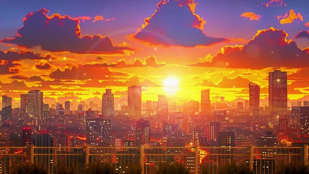 高台から見た都会の夕日