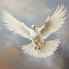 pigeon in flight, wings spread wide, with a serene sky and sunlight background, embodying purity, love, and spirituality