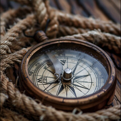 Fototapeta na wymiar Vintage Nautical Compass Encircled by Maritime Rope on Wooden Surface