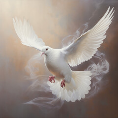 pigeon in flight, wings spread wide, with a serene sky and sunlight background, embodying purity, love, and spirituality