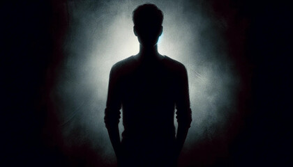 A shadowy figure standing against a dark, ambiguous background - obrazy, fototapety, plakaty