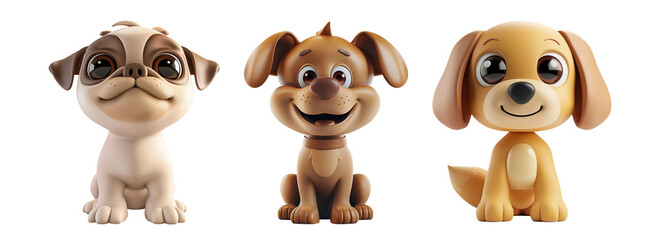 Fototapeta premium Set of cute little puppies dogs. Creative minimal 3d style. Isolated white background. Transparent background