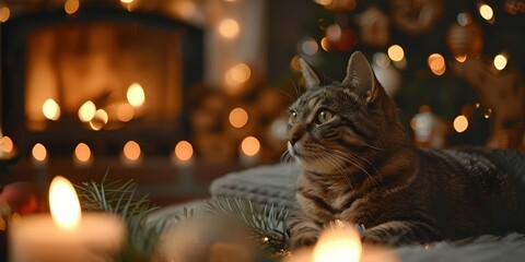 Creating a Cozy Christmas Atmosphere: Festive Holiday Home Interior with Pet by Fireplace. Concept Christmas Decorations, Warm Fireplace, Cozy Home, Furry Friend, Festive Atmosphere