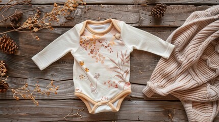 A soft cotton baby onesie sleeve seen from the top on a wooden background.