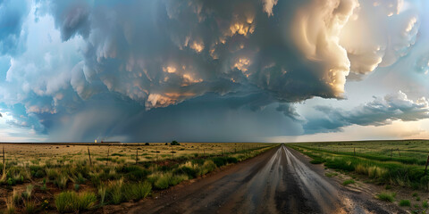 A dramatic thunderstorm brewing over a vast field, Severe thunderstorm clouds, landscape with storm clouds, severe weather