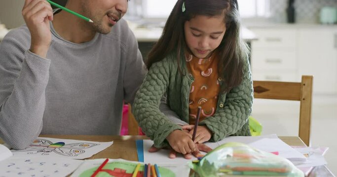 Home school, father and girl drawing, learning and teaching kid at table with family together. Art, education and creative child with dad to study, support and parent help for homework or development