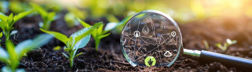In the realm of environmental research, a magnifying glass scrutinizes soil, revealing CO2 reduction icons that underscore the vital connection between soil health and carbon sequestration