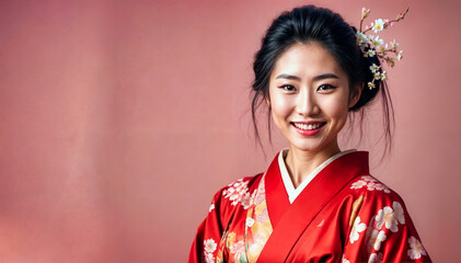 Geisha im roten Kimono mit Blumen im Haar
