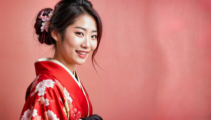 Geisha im roten Kimono mit Blumen im Haar