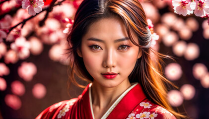 Geisha im roten Kimono mit Blumen im Haar - obrazy, fototapety, plakaty