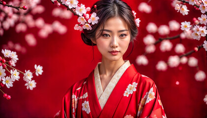 Geisha im roten Kimono mit Blumen im Haar - obrazy, fototapety, plakaty