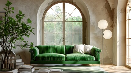 Vibrant green velvet sofa against arched window near ball floor lamp and stone cladding wall. Mediterranean style home interior design of modern living room. - obrazy, fototapety, plakaty