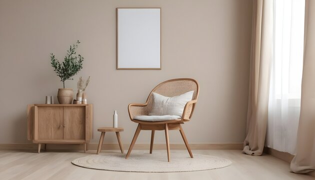 Room interior mock up in beige tones with wooden chair and wood panel
