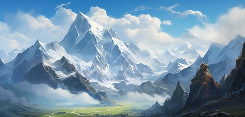A majestic mountain range rising against a cloudless sky, its peaks dusted with snow even in the heat of summer