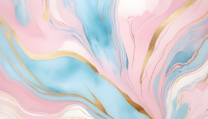 Abstract watercolor paint background illustration - Soft pastel pink blue color and golden lines,...
