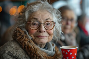 An elderly woman with glasses and a fur coat smiling while holding a cup of coffee. A snapshot capturing her happy facial expression
