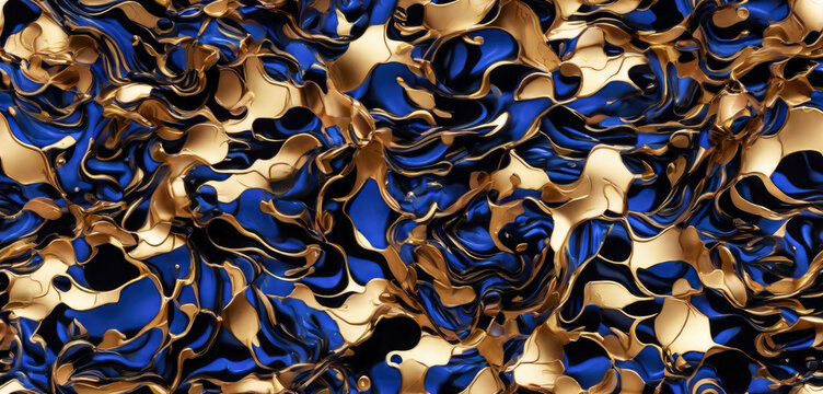 Seamless blue and golden fluid pattern, Wave texture background. Generative ai