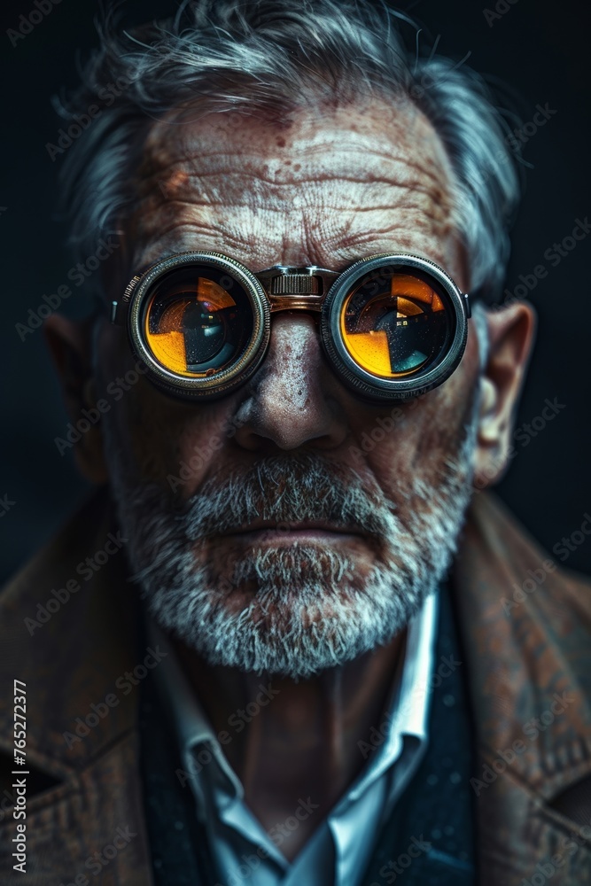 Wall mural malevolent supervisor scrutinizing a parallel universe using binoculars coated in liquid silver.