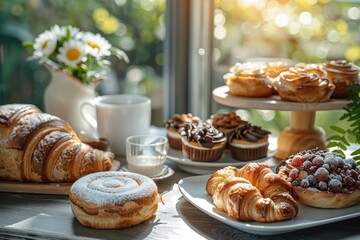 Sunlight shining through a window illuminating a spread of delectable baked goods, such as cinnamon rolls and raspberry danishes.