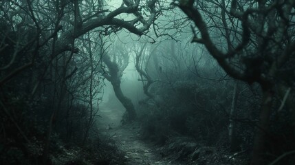 A dark and hazy forest with branches and vines obscuring the path symbolizes the struggle of facing unknown challenges in diminished visibility.