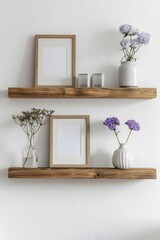 Wood floating shelf with frames and vases on white wall. Storage organization for home. Interior design of modern living room.