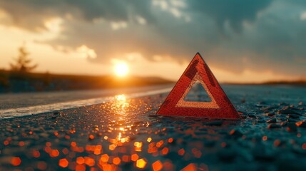 A red triangle is on the road next to a sunset - 765272507