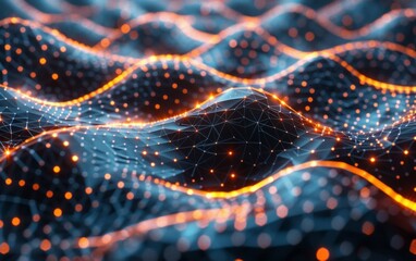 Create a vibrant depiction of a multi-layered technological network with illuminated pathways connecting each node in a intricate and interwoven pattern.