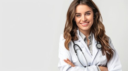 A woman in a white lab coat is smiling and posing for a picture - 765272578