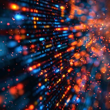 A blurry bokeh lights background with detailed software code overlaid on top