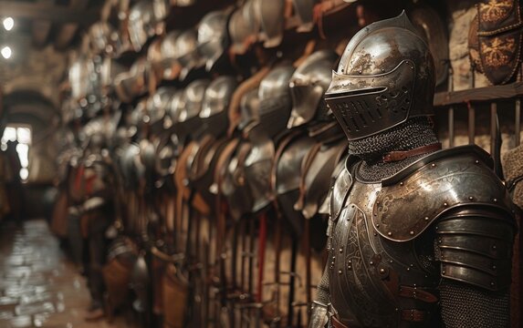 Picture a scene of an ancient castle armory filled with swords, shields, and suits of armor, all awaiting the brave knights gearing up for epic battles on the battlefield.