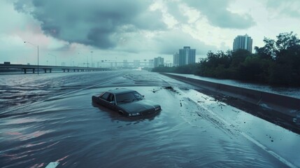 A lone car sits abandoned on a flooded highway unable to withstand the force of the water as it surged through the city disrupting the flow of modern transportation.