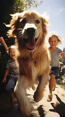 Happy Dog Playing with Kids