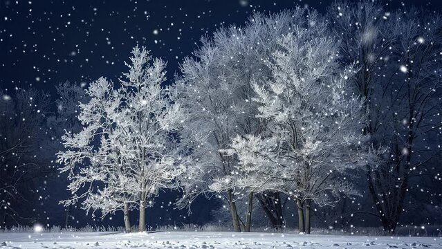 Trees in the snow. Midnight snowflakes slowly falling against a backdrop of snow-covered trees. Snow forest. Looped snow. Generative AI.