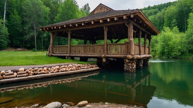 a river rock knee wall, on the banks of a pond surrounded by lush landscaping