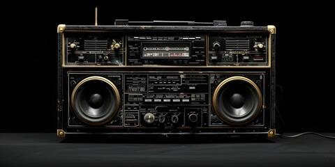 Vintage 1980s boombox radio against a black background showcasing its retro design and nostalgic appeal. Concept Vintage Electronics, 1980s Design, Retro Boombox, Nostalgic Appeal, Black Background