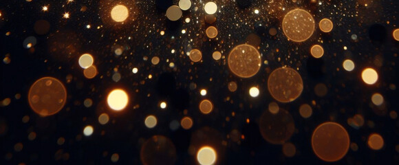 ゴールドの輝き粒子は、背景を抽象化します。ネイビー ブラックの背景にクリスマス黄金の光輝く粒子のボケ味。休日のコンセプト。抽象的な背景と金の粒子。 - obrazy, fototapety, plakaty