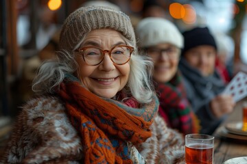 The elderly woman in glasses and a cap is smiling happily while sitting at a table with other people during a special event, surrounded by tableware and drinkware