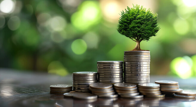 Stack of coins arranged in a row On the coin there is a small tree. business financial growth concept