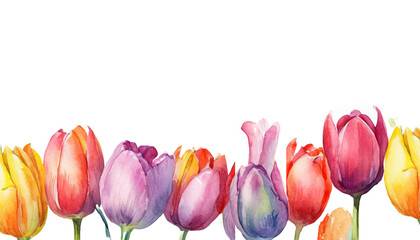 Fototapeta na wymiar watercolor row of colorful tulip flowers on white background