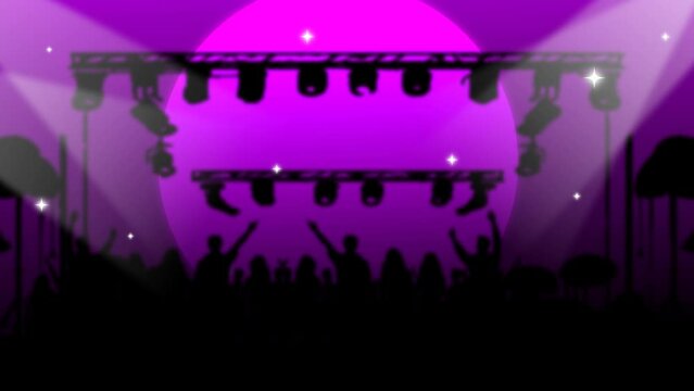 Animated karaoke background with silhouettes of concert goers and blur shiny effect. music event stage. Great for lyric, karaoke or concert templates.