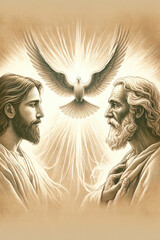 The Holy Trinity: the Father, the Son, and the Holy Spirit. Digital illustration. Trinity Sunday. - obrazy, fototapety, plakaty