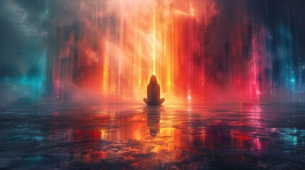 A figure sitting in meditation with colorful beams of light radiating from their head signifying the awakening of their innermost desires and potentials. - obrazy, fototapety, plakaty