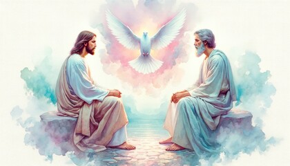 The Holy Trinity: the Father, the Son, and the Holy Spirit. Digital watercolor painting.