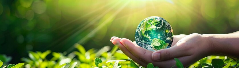 A Human hands carefully holding a small globe with a vibrant green background