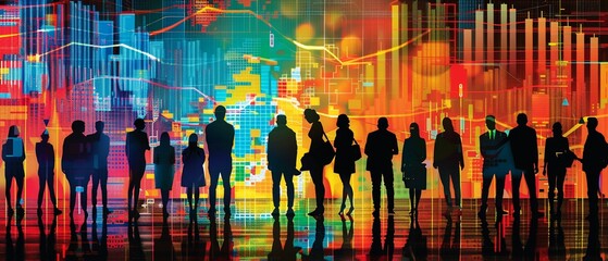 A panoramic view of a diverse group of people silhouetted against a backdrop of colorful financial market data charts and graphs.