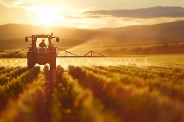 Foto auf Acrylglas A tractor sprays pesticides on a crop field during a golden sunset © Creative_Bringer